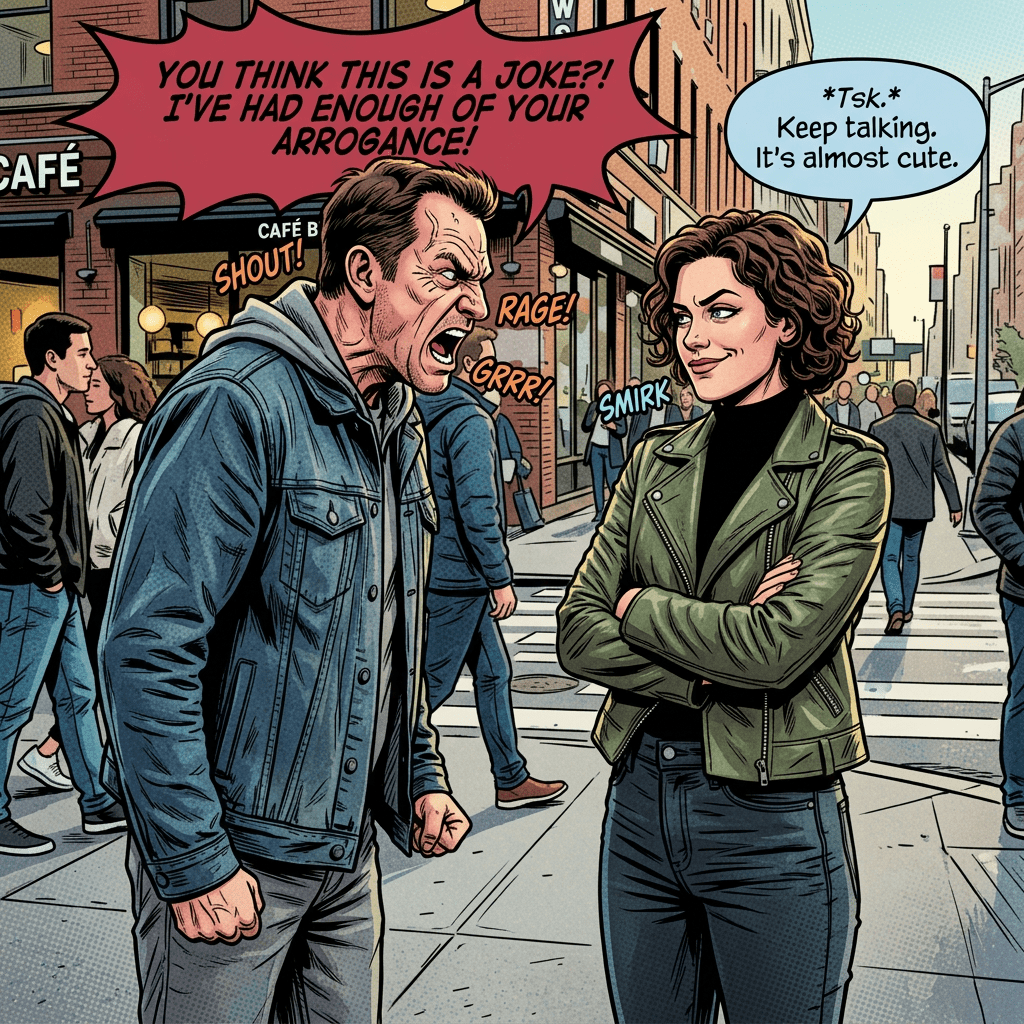 Man showing anger with clenched fists arguing with smiling woman crossing arms on city street.