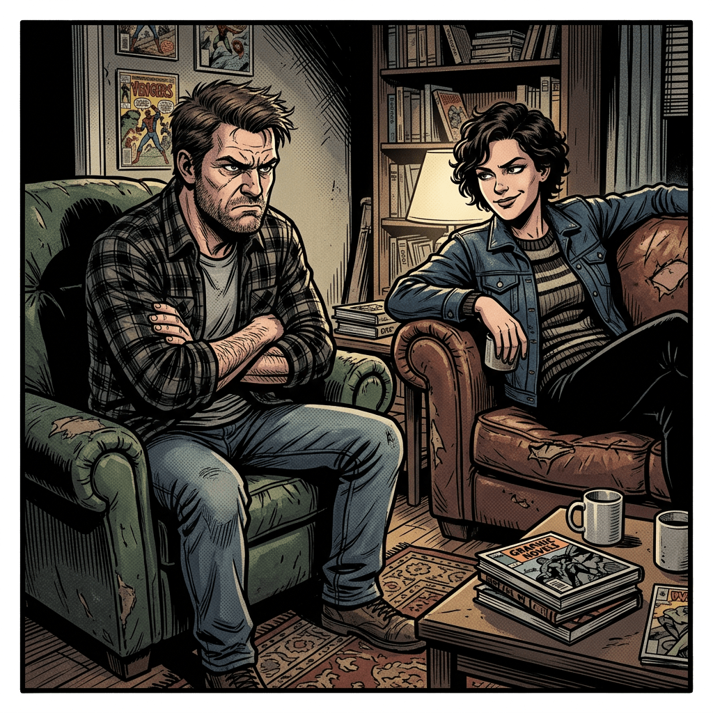 Man and woman sitting on worn armchairs in a living room, man looks angry, woman smirks