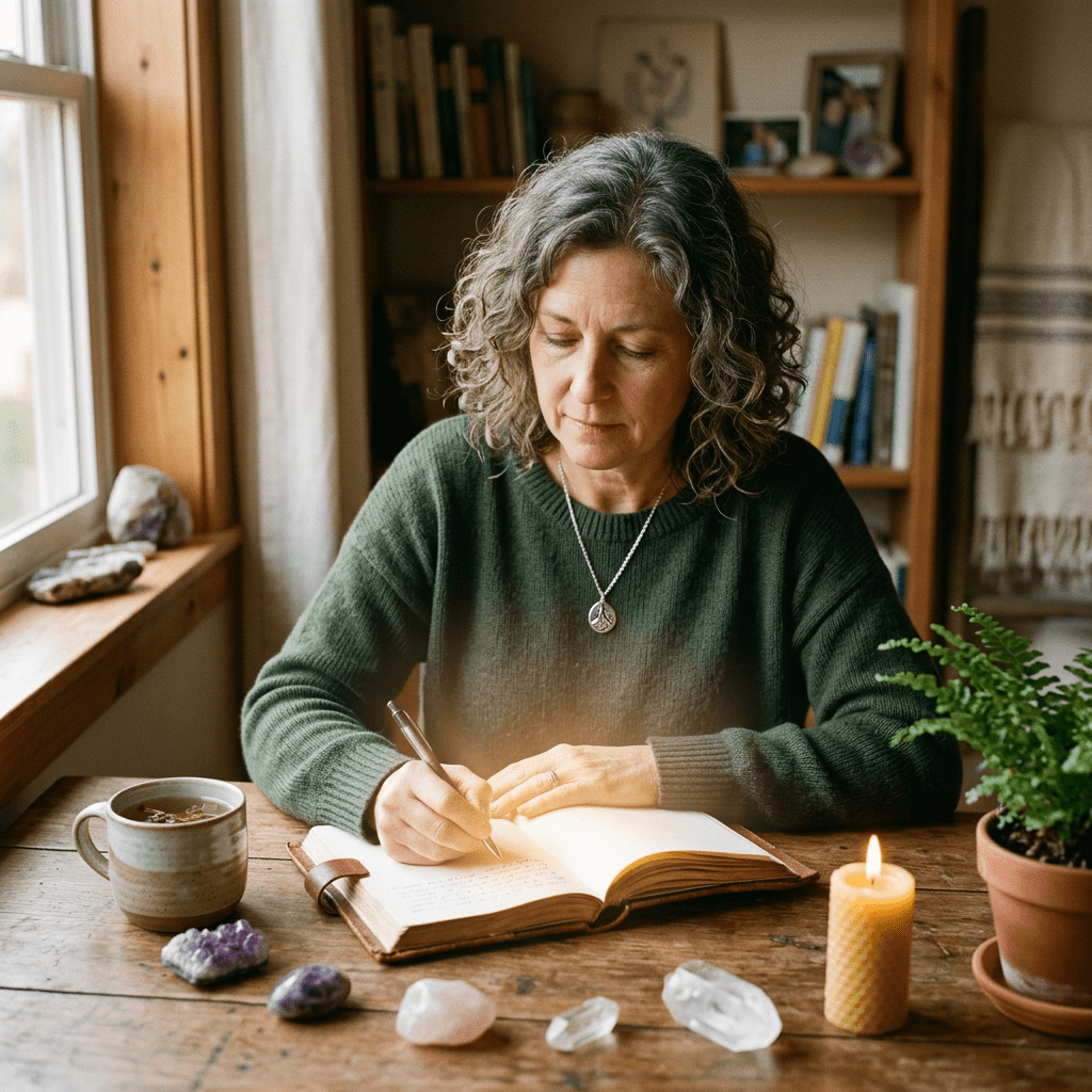Woman writing in a journal at a wooden table with crystals, a lit candle, and a mug of tea