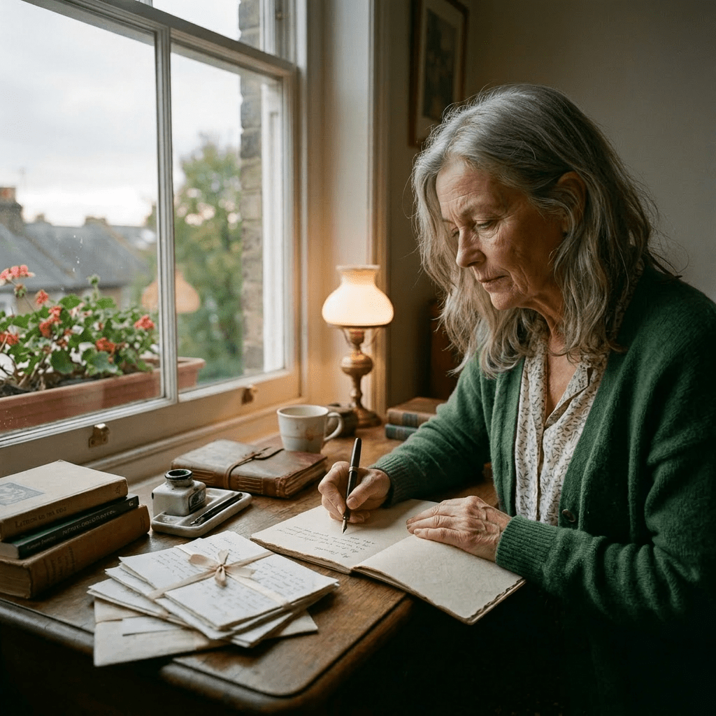 Young woman writing in notebook at wooden desk by window with books and lamp